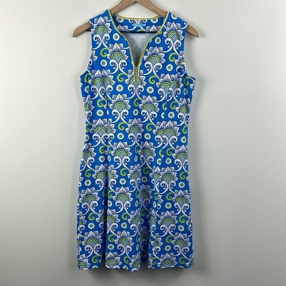 J. McLaughlin Catalina Cloth Blue Green Crochet Floral Sleeveless Dress Womens M - Picture 1 of 13
